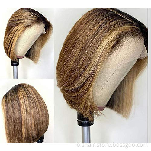 Glue-free highlight short Bob wig Brazilian straight hair 4/27 Gradient brown honey blond hair Lace front real human hair wig